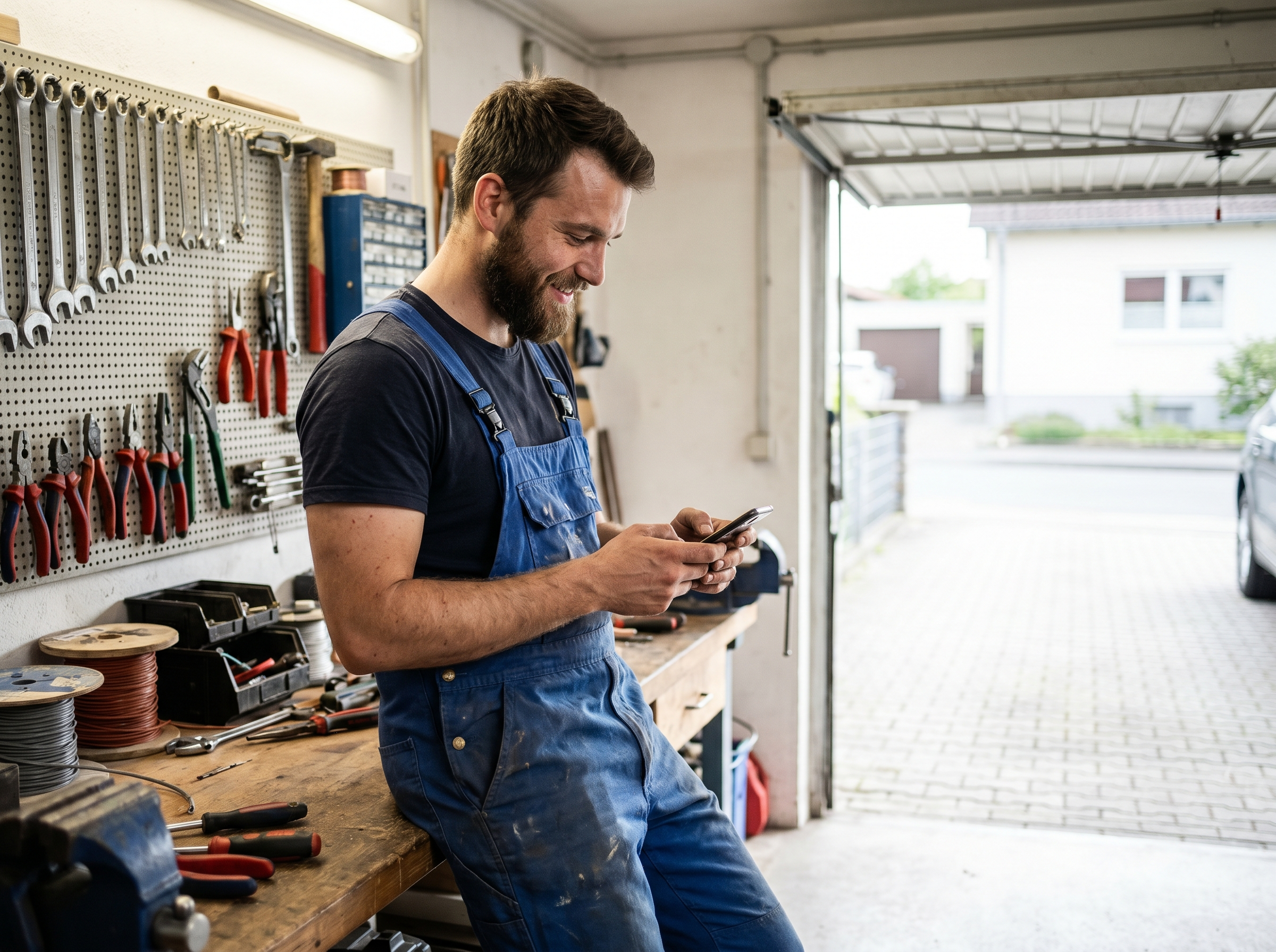 Junger Geselle in der Werkstatt mit Smartphone — Mitarbeitergewinnung für Handwerksbetriebe