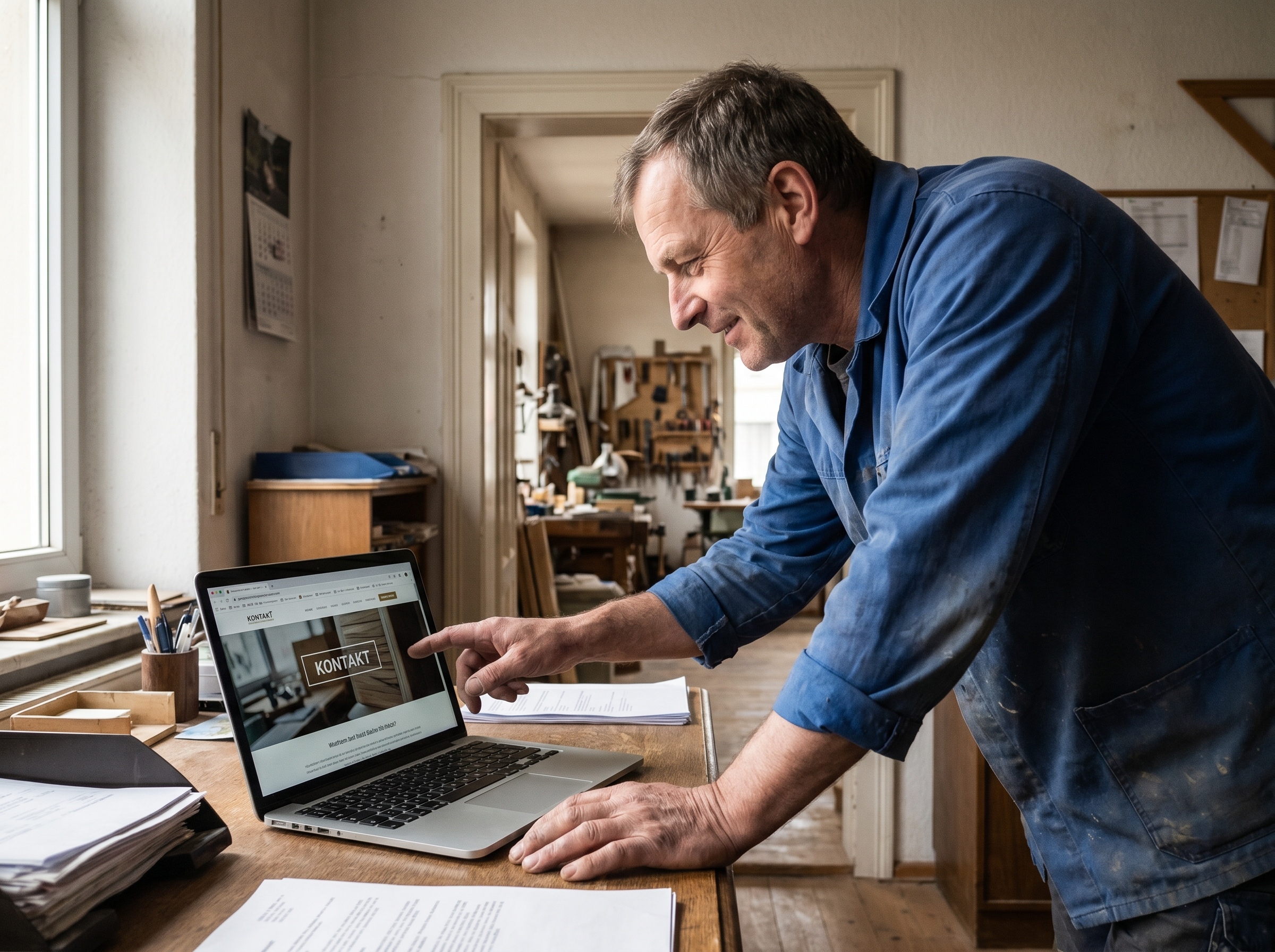 Handwerksbetrieb-Inhaber prüft moderne Website auf Laptop — Webdesign für Handwerker in der Region